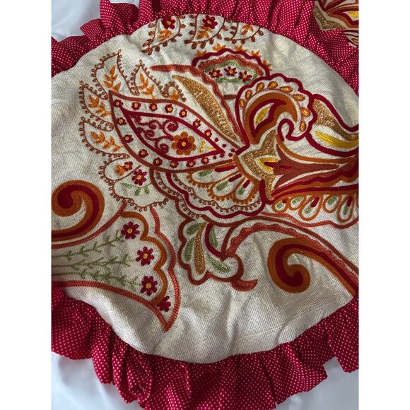 VTG Pier 1 Round Boho Ruffle Pillow Set Red Polka Dot Embroidered Floral Design - Picture 11 of 16